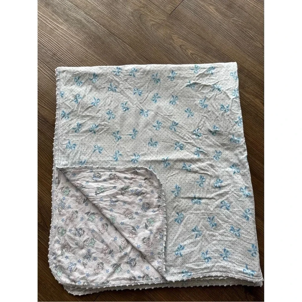 Vintage Reversible Baby Blanket Blue Bow Polka Dot Sleepy Bear Crochet Trim Kids
